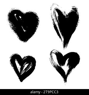 Vier Herzen lieben Form Pinselstrich schwarz Vektor Symbol Set. Zeichnung mit einem Hub. Handgezeichnetes isoliertes Designelement im Grunge-Stil. Stock Vektor