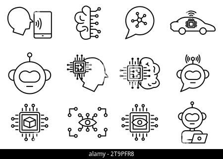 Symbolsatz für künstliche Intelligenz. Roboterkopf, Gehirn Ai, Roboterarm, Computervision, Big Data, KI-Assistent, Deep Learning usw. Design mit Liniensymbolen Stock Vektor