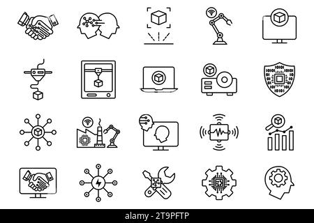 Symbolgruppe Branche. Industrie 5,0, 3D-Druck, künstliche Intelligenz, Augmented Reality, fortschrittlicher Sensor, intelligenter Roboter usw. Liniensymbolstil des Stock Vektor