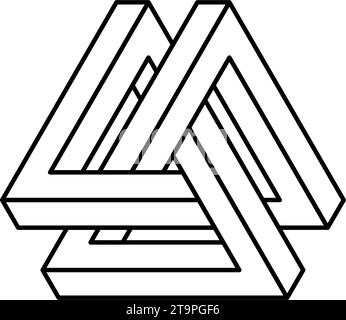 Unmögliche Dreiecksform. Optische optische Täuschung. Dreieckiges Symbol für unendliche Schleife. Abstrakte unwirkliche geometrische Form. Lineares Puzzle-Designelement für Logo, Symbol, Etikett, Tag, Dekor. Vektorabbildung Stock Vektor