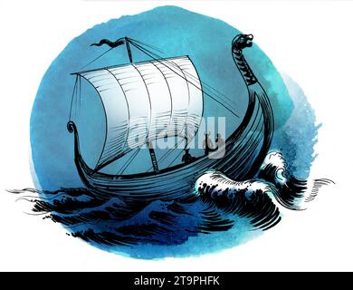 Wikinger-Segelboot im Meer. Handgezeichnete Tinte und Aquarellskizze Stockfoto