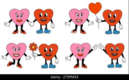 Retro-Set 70er 60er 80er Hippie Groovy Valentinstag Lovely Hearts Charaktere Mädchen und Junge verliebt. Maskottenkollektion im trendigen Cartoon-Stil Stock Vektor