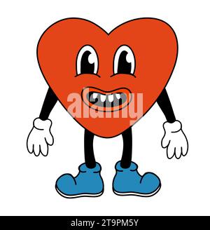 Retro 70er 60er 80er Jahre Hippie Groovy Valentinstag lieblicher Herzcharakterjunge. Maskottchen im trendigen Cartoon-Stil. Illustration der Vektorabwicklung. Stock Vektor