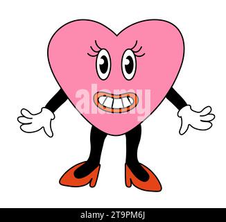 Retro 70er 60er 80er Jahre Hippie Groovy Valentinstag schöne Herzfigur Mädchen Lächeln. Maskottchen im trendigen Cartoon-Stil. Illustration der Vektorabwicklung. Stock Vektor