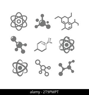 Atome und Moleküle Bindungen und Struktur Symbolsatz. Molekülzellen- und Atomlinie und Glyphe, bearbeitbare Kontursymbole. Stock Vektor