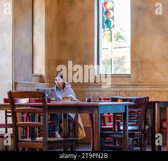 NEW ORLEANS, LA, USA - 26. NOVEMBER 2023: Studentin arbeitet an ihrem Laptop im Rue de la Course Coffeehouse Stockfoto