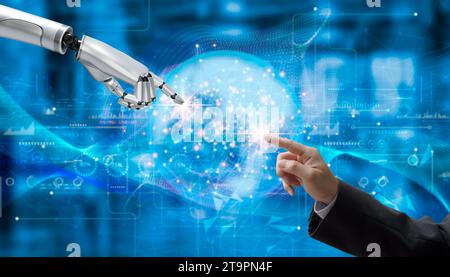 Künstliche Intelligenz KI Roboter Analyse Big Data innovatives 3D Rendering futuristischer Roboter und maschinelles Lernen Web 3,0 Konzept. Stockfoto