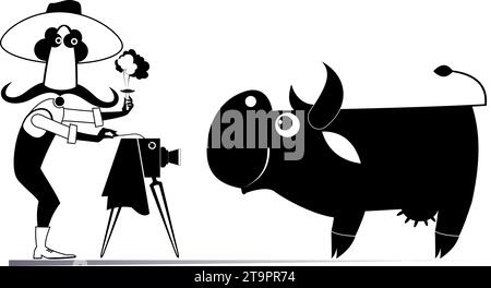 Der Cartoon-Farmer macht ein Foto von der Kuh. Viehzucht. Lustiger langer Schnurrbart mit Hut macht ein Foto von der Kuh. Schwarzweiß-Illustration Stock Vektor