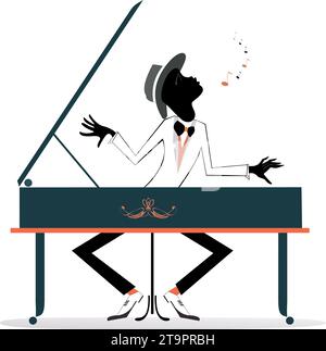 Afrikanischer Pianist und Sänger Illustration. Afrikanischer Musiker spielt Klavier und singt mit Inspiration. Isoliert auf weißem Hintergrund Stock Vektor