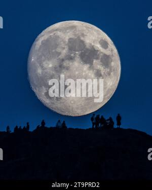 Wetter, Nachrichten, Arthurs Seat, Holyrood Park, Edinburgh, UK. November 2023. „Moonwalkers“. Versammeln Sie sich an einem kühlen frühen Abend auf dem Arthurs Seat im Zentrum von Edinburgh, um zu beobachten, wie der nahe Full Beaver Moon über ihnen aufsteigt. Von der Website der Royal Museums Grenwich: „Es gibt Uneinigkeit über den Ursprung des Bibermondnamens im November. Einige sagen, dass er von den Indianern stammt, die in diesem Monat Biberfallen gesetzt haben, während andere sagen, dass der Name von der starken Aktivität der Biber stammt, die ihre Winterdämme bauen. Ein anderer Name ist der Frostmond." Bildnachweis: phil wilkinson/Alamy Live News Stockfoto