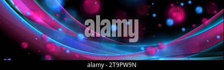 Blau-violett glänzende Wellen mit abstraktem Bokeh-Bannerdesign in violetten Bokeh-Blasen. Eleganter Vektorhintergrund Stock Vektor