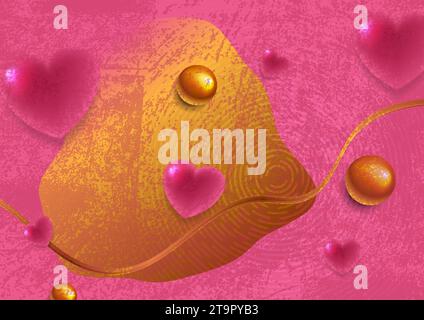 Rosafarbener und goldener Grunge-abstrakter Hintergrund zum Valentinstag mit Herzen. Vektor-Grußkartendesign Stock Vektor