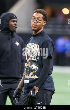 Atlanta, Georgia, USA. November 2023. Die New Orleans Saints verteidigten Cameron Dantzler Sr. (11) während der Aufwärmphase vor dem Spiel gegen die Atlanta Falcons im Mercedes-Benz Stadium. (Kreditbild: © Debby Wong/ZUMA Press Wire) NUR REDAKTIONELLE VERWENDUNG! Nicht für kommerzielle ZWECKE! Quelle: ZUMA Press, Inc./Alamy Live News Stockfoto