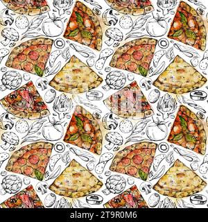 Handgezeichnete Aquarelltinte Illustration. Pizzascheibe mit Belag, traditionelle italienische Küche. Nahtloses Muster isoliert auf weiß. Design Stockfoto