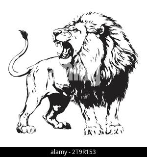 Ein starker Löwe mit einer großen Mähne brüllt. Wütende und hungrige Bestie isoliert auf weißem Hintergrund. Stock Vektor