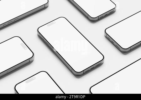 IPhone 15 und 15 Pro und 15 Pro Max White Leere 3D Rendering Mockup Stockfoto