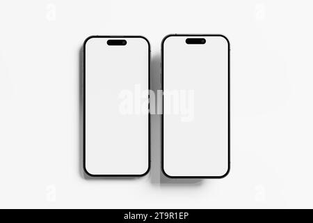 IPhone 15 und 15 Pro und 15 Pro Max White Leere 3D Rendering Mockup Stockfoto