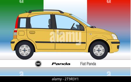 Italien, Jahr 2003, Fiat Panda, zweite Version des beliebten italienischen Autos, Vintage, Silhouette umrissen, farbige Illustration mit italienischer Flagge Stockfoto