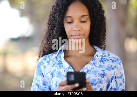 Vorderansicht einer ernsten schwarzen Frau, die ihr Handy in einem Park benutzt Stockfoto