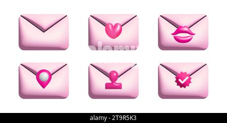 3D rosa Briefumschläge Symbole setzen Vektorabbildung. Stock Vektor