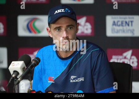 Der neuseeländische Hauptmann spricht auf der Pressekonferenz vor dem Spiel nach dem Training im Sylhet International Cricket Stadium für den ersten Test mA Stockfoto