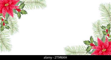 Weihnachtlicher horizontaler Rahmen mit Punsetienblume, Tannenzweigen und stechpalme mit Beeren und Textstelle. Markierungsabbildung im Aquarellstil für Stockfoto