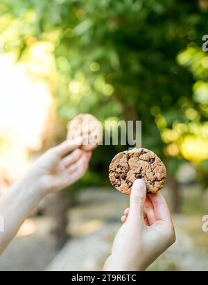 Vertikale Ansicht der Nahaufnahme zwei Kinder, die im Park Schokoladenchips halten. Einer der Kekse ist im Hintergrund verschwommen Stockfoto