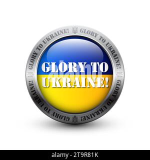 Ruhm an die Ukraine, rundes Hochglanzabzeichen. Ukrainische Flaggentaste. Illustration des flachen Vektors. Stock Vektor