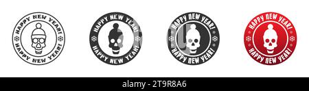 Lächelnder Schädel im Winterhut auf einem runden Abzeichen mit Schriftzug: Happy New Year! Weihnachtsschädel-Symbol. Vektorabbildung Stock Vektor