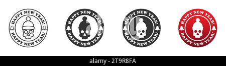 Skull im Winter Hut auf rundem Abzeichen mit Schriftzug: Happy New Year! Weihnachtsschädel-Symbol. Vektorabbildung Stock Vektor