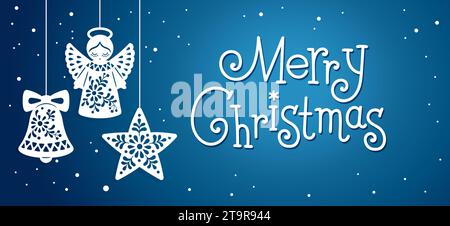 Horizontales Banner im Papierschnitt mit dem Text „Merry Christmas“. Vektor Hand gezeichnete Illustration des kunstvollen Weihnachtsengels, des Sterns und der Glocke auf dunkelblauem Stock Vektor