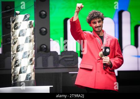 Valencia, Spanien. November 2023. Gala mit den „MotoGP™ Beats: Lights Out“-Auszeichnungen im Fuente San Luis Pavillon in Valencia. 26. November 2023 im Bild: Francesco Bagnaia Gala de entrega de los premios de 'MotoGP™ Beats: Lights Out' Celebrada en el en el Pabellón Fuente San Luis de Valencia. 26 de Noviembre de 2023 POOL/MotoGP.com/Cordon Pressebilder sind nur für redaktionelle Zwecke bestimmt. Obligatorischer Vermerk: © MotoGP.com Credit: CORDON PRESS/Alamy Live News Stockfoto