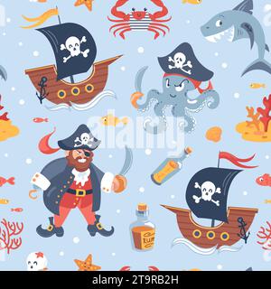 Nahtloses Piratenmuster für Kinder. Zeichentrickfiguren. Korsair Captain mit Haken und Hahnenhut, Hai, Schiff und Oktopus, Krabbe in Weste, Schädel, Starfis Stock Vektor