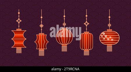 Set aus chinesischem Papier hängende Laterne Denglong in verschiedenen Formen und Größen. Chinesisches Neujahr, Herbstfest. Flaches, minimalistisches geometrisches Design. Stock Vektor