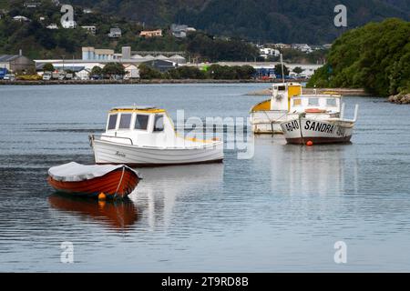 Boote in der Mündung des Hutt River, Hikoikoi, Petone, Hutt City, Wellington, Nordinsel, Neuseeland Stockfoto