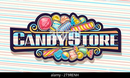 Vektor-Logo für Candy Store, dunkles dekoratives Schild mit Zeichentrickdesign lebendige bunte Süßigkeiten-Komposition, horizontaler Aufkleber mit verpackenden Kindern Stock Vektor