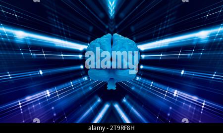 Künstliche Intelligenz. Hirnförmig mit blauen neuronalen Verbindungslinien und leuchtenden Punkten. Stockfoto