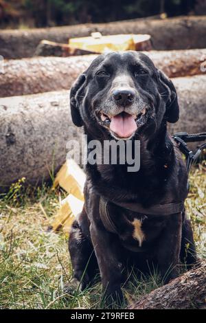 Ein schwarzer Hund mit einem Labrador-Retriever sitzt zwischen den umgestürzten Bäumen mit einem Lächeln im Gesicht. Lustiger Ausdruck des Hundes in der Ruhe. Stockfoto