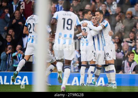 Anders Barrenetxea von Real Sociedad feiert nach einem Tor beim LaLiga EA Sports Spiel zwischen Real Sociedad und Sevilla FC im Estadio Rea Stockfoto