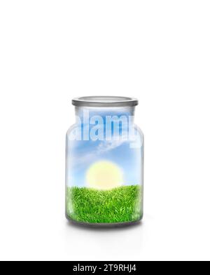 Sonniger Tag über Graslandschaft in einer Chemikalienflasche vor weißem Hintergrund. Ökologisches und nachhaltiges Konzept. Stockfoto