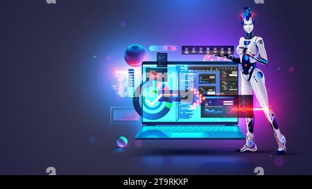 Softwareentwicklung mit Hilfe von KI. Programmieren oder Programmieren von App künstliche Intelligenz Online-Chat-Bot. Automatisierung Software entwickeln. Roboter oder Stock Vektor