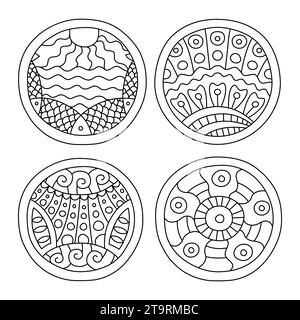 Doodles gefüllte Kreise gesetzt. Handgezeichnete isolierte grafische Elemente. Boho und Mandala im ethnischen Stil. Ausmalseiten. Dekorative Kunst für Geburtstagskarten, wir Stock Vektor