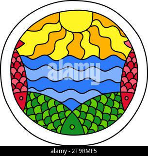 Runde Malseite gefüllt mit handgezeichneten Doodle-Motiven in einem Kreis, isoliert auf weißem Hintergrund. Vektorgrafik Stock Vektor