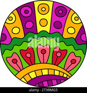 Runde Malseite gefüllt mit handgezeichneten Doodle-Motiven in einem Kreis, isoliert auf weißem Hintergrund. Vektorgrafik Stock Vektor