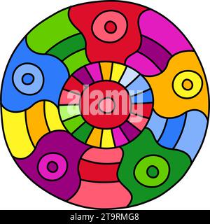 Runde Malseite gefüllt mit handgezeichneten Doodle-Motiven in einem Kreis, isoliert auf weißem Hintergrund. Vektorgrafik Stock Vektor