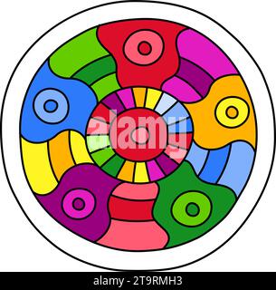 Runde Malseite gefüllt mit handgezeichneten Doodle-Motiven in einem Kreis, isoliert auf weißem Hintergrund. Vektorgrafik Stock Vektor