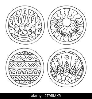 Doodles gefüllte Kreise gesetzt. Handgezeichnete isolierte grafische Elemente. Boho und Mandala im ethnischen Stil. Ausmalseiten. Dekorative Kunst für Geburtstagskarten, wir Stock Vektor