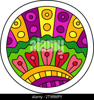 Runde Malseite gefüllt mit handgezeichneten Doodle-Motiven in einem Kreis, isoliert auf weißem Hintergrund. Vektorgrafik Stock Vektor