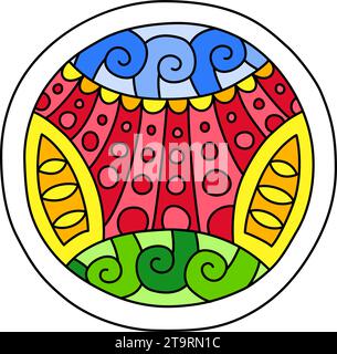 Runde Malseite gefüllt mit handgezeichneten Doodle-Motiven in einem Kreis, isoliert auf weißem Hintergrund. Vektorgrafik Stock Vektor