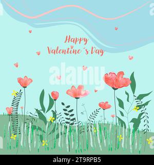 Grußkarte zum Valentinstag. Vektor-Illustration eines Feldes voller roter Blumen und herzförmiger Blütenblätter, die in der Luft blasen. Mischtechnik Stock Vektor